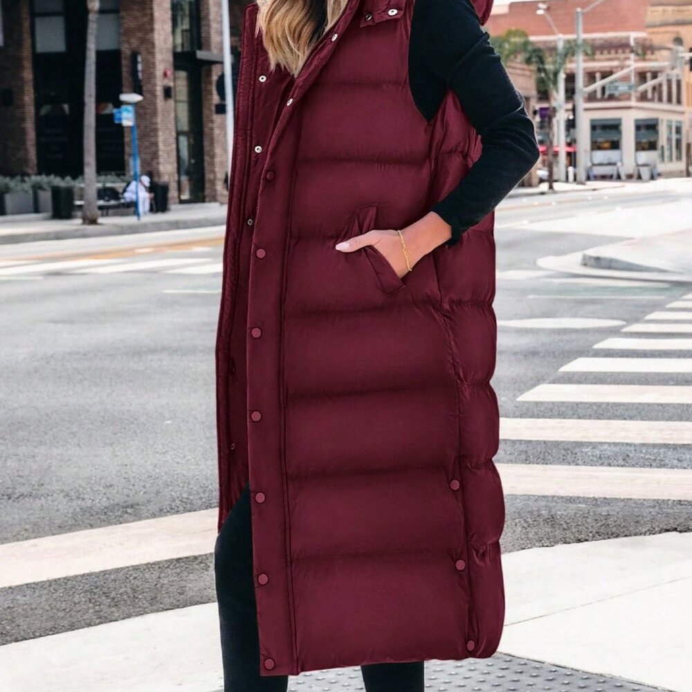 Burgundy Casual Women's Long Quilted Hooded Vest - Picture 4 of 5